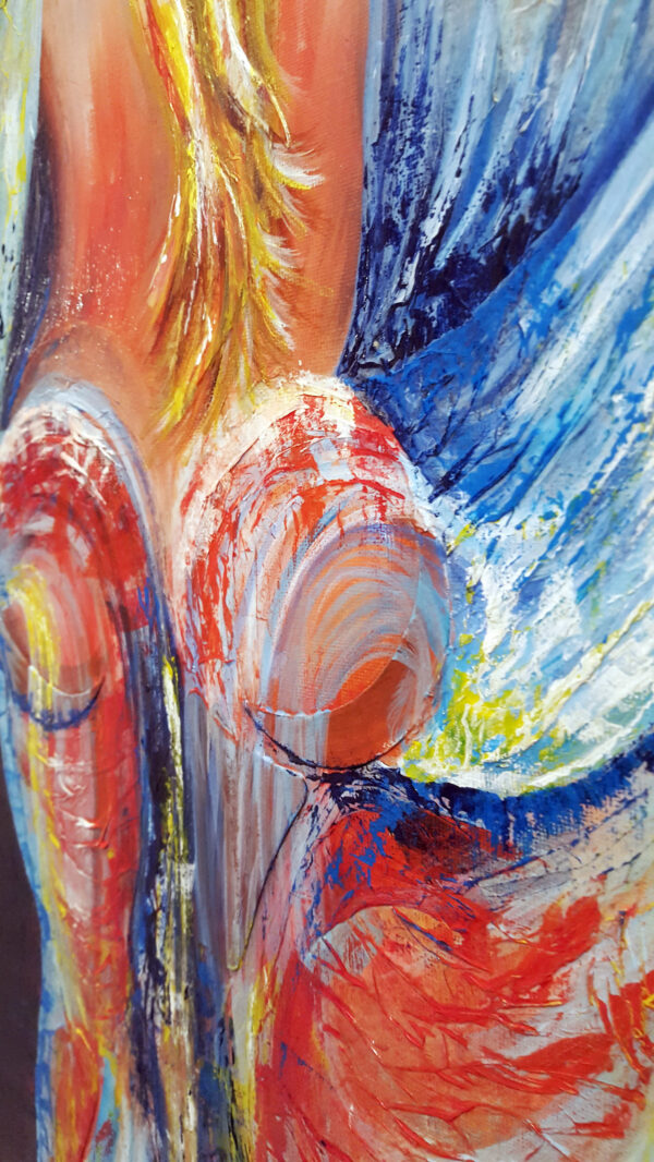 Close up of a stylised painting of a woman wrapped in thin wet cloth. The view is from the back, emphasis on her round bottom and long hair down the middle of her back.