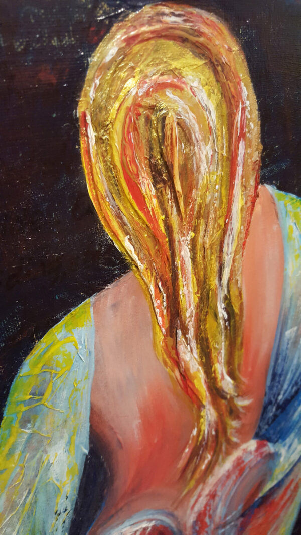 Close up of the hair on stylised painting of a woman wrapped in thin wet cloth. The view is from the back, emphasis on her round bottom and long hair down the middle of her back.