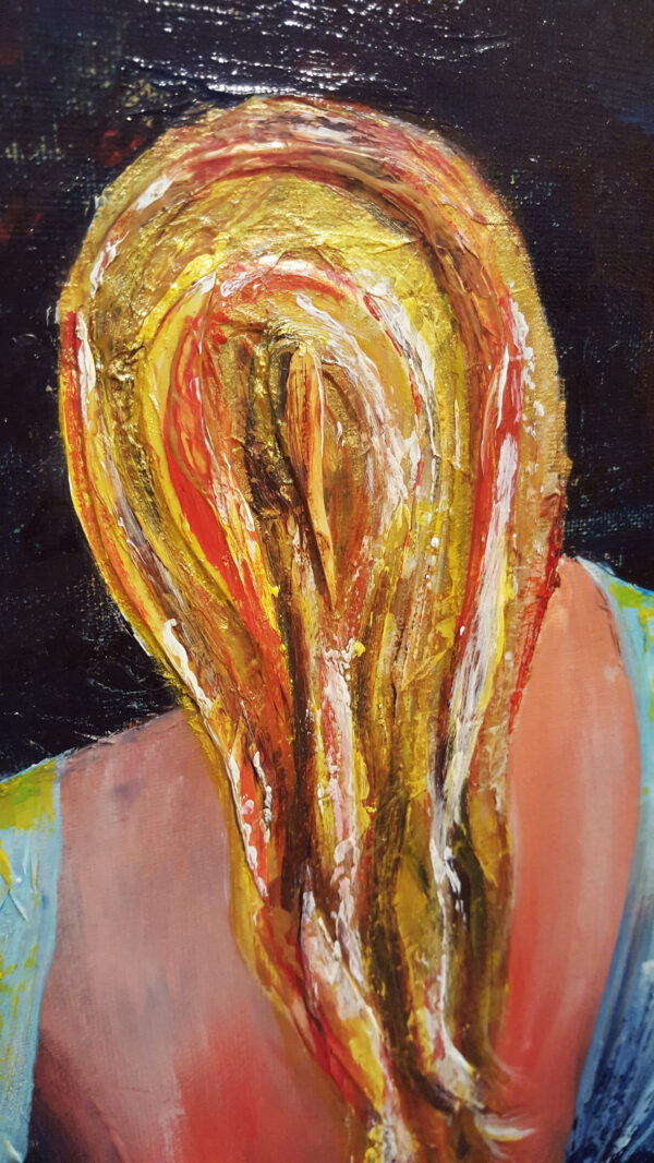 Close up of the hair on stylised painting of a woman wrapped in thin wet cloth. The view is from the back, emphasis on her round bottom and long hair down the middle of her back.