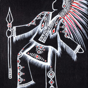 White line drawing painting onto black canvas with red highlights showing a native american styled warrior costume with many embellishments and ornate head-dress
