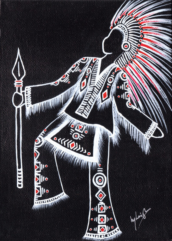 White line drawing painting onto black canvas with red highlights showing a native american styled warrior costume with many embellishments and ornate head-dress
