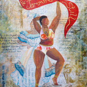 2 Caribbean women - the traditional post-slavery matron as a ghost tanding behind the voluptuous costumed masquerader waving a red banner saying "we jammin' still"