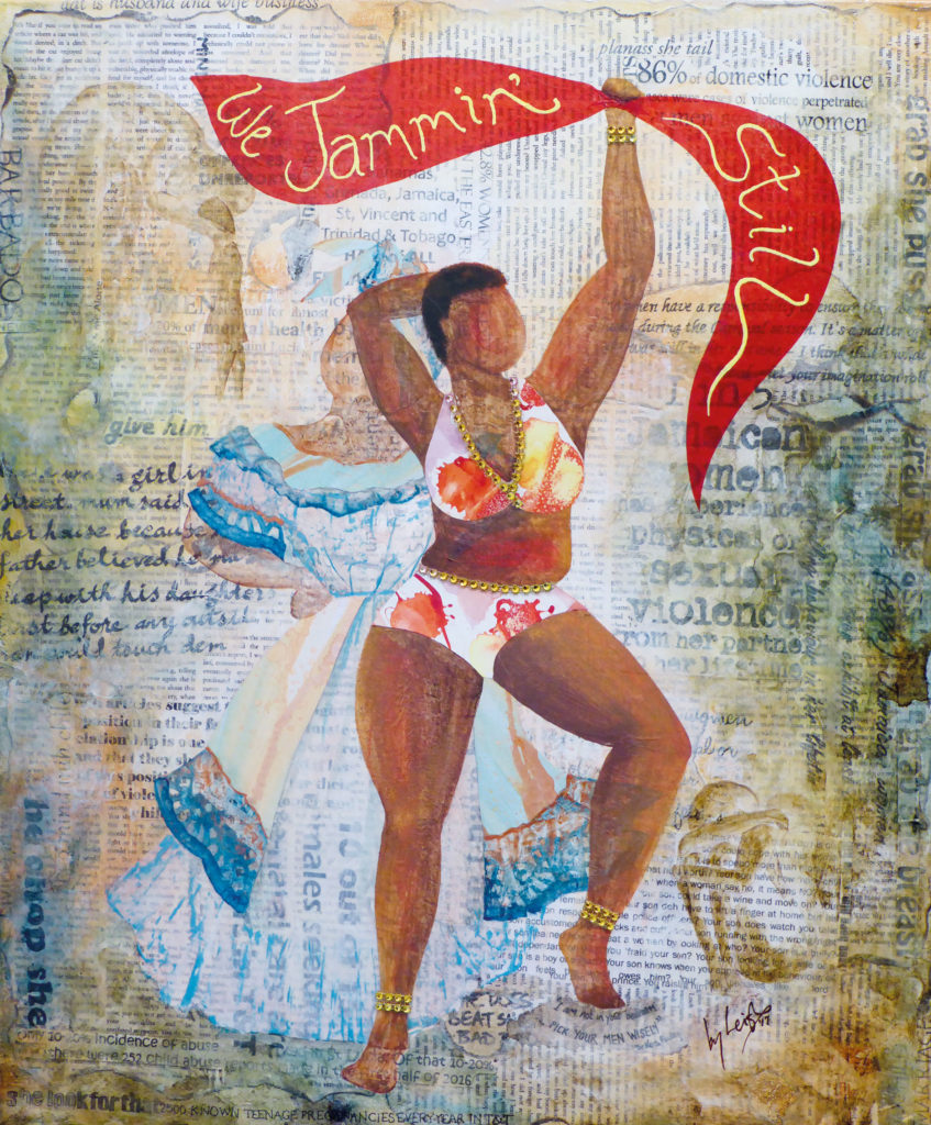2 Caribbean women - the traditional post-slavery matron as a ghost tanding behind the voluptuous costumed masquerader waving a red banner saying "we jammin' still"