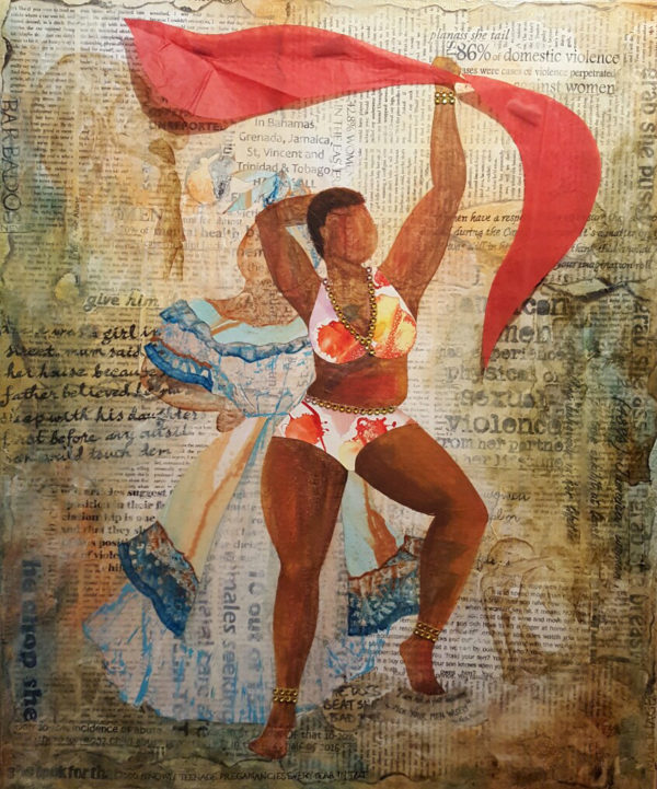 voluptuous dark skinned woman in a beaded bikini in vibrant colours waving a red banner that reads " we jammin still". She appears over a ghostlike woman in blue colonial Caribbean full skirts and blousy top with a headtie.