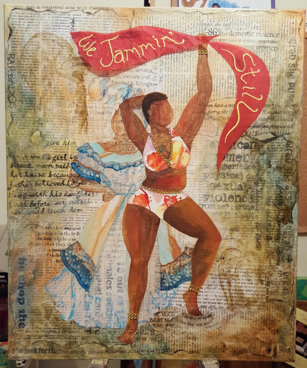 voluptuous dark skinned woman in a beaded bikini in vibrant colours waving a red banner that reads " we jammin still". She appears over a ghostlike woman in blue colonial Caribbean full skirts and blousy top with a headtie.