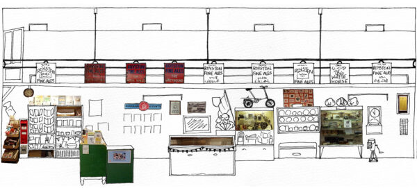 Partial of a drawing of Royston Museum as if siced open and rolled out to show all the collections and their location in the museum. The artwork is a mix of line drawing and collage.