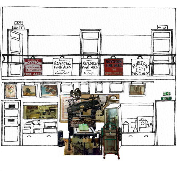 Partial of a drawing of Royston Museum as if siced open and rolled out to show all the collections and their location in the museum. The artwork is a mix of line drawing and collage.