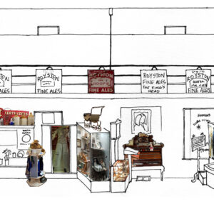 Partial of a drawing of Royston Museum as if siced open and rolled out to show all the collections and their location in the museum. The artwork is a mix of line drawing and collage.