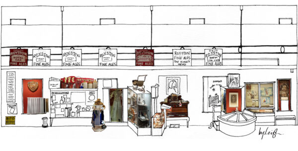 Partial of a drawing of Royston Museum as if siced open and rolled out to show all the collections and their location in the museum. The artwork is a mix of line drawing and collage.