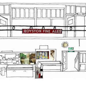 Partial of a drawing of Royston Museum as if siced open and rolled out to show all the collections and their location in the museum. The artwork is a mix of line drawing and collage.