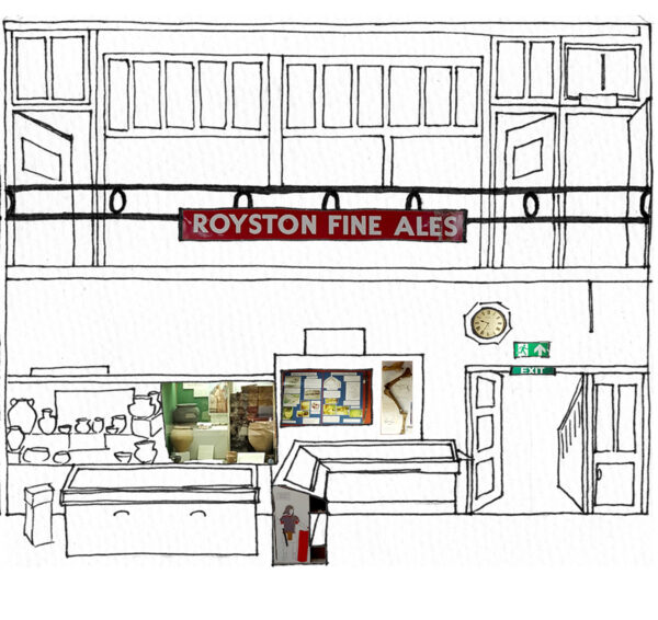 Partial of a drawing of Royston Museum as if siced open and rolled out to show all the collections and their location in the museum. The artwork is a mix of line drawing and collage.