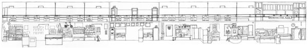 Partial of a drawing of Royston Museum as if siced open and rolled out to show all the collections and their location in the museum. This is the linedrawing before the addition of the collage