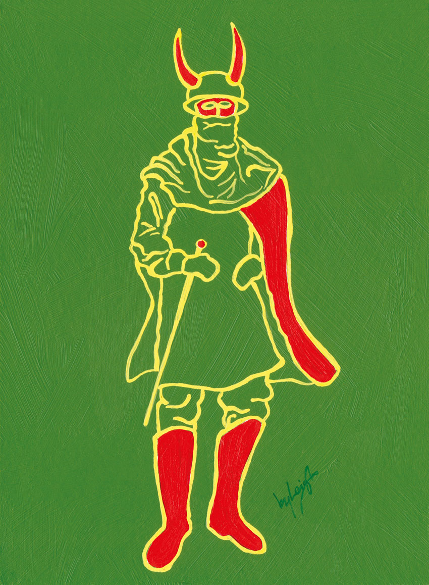 Line drawing of traditional Vieux Coux mas in Grenadian colours