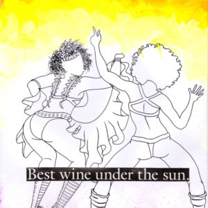 Two women dancing in carnival costumes having a great time, black and white drawing against a yellow. orange and purple background