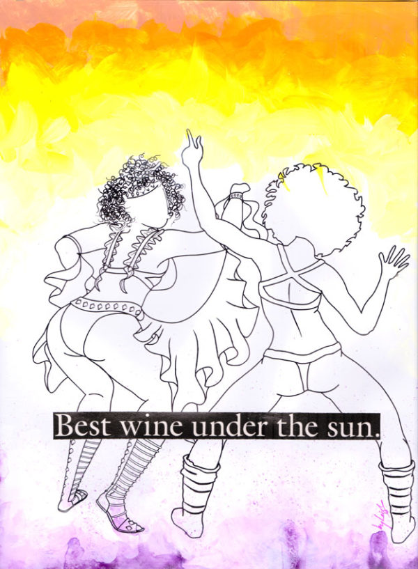 Two women dancing in carnival costumes having a great time, black and white drawing against a yellow. orange and purple background