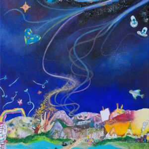 Mixed media painting setting all the places of discovery the children suggested (e.g. imagination, diverse cultures, creativity, etc) within the main areas of space, sky, earth and sea. The main colours of the painting are various shades of blue.