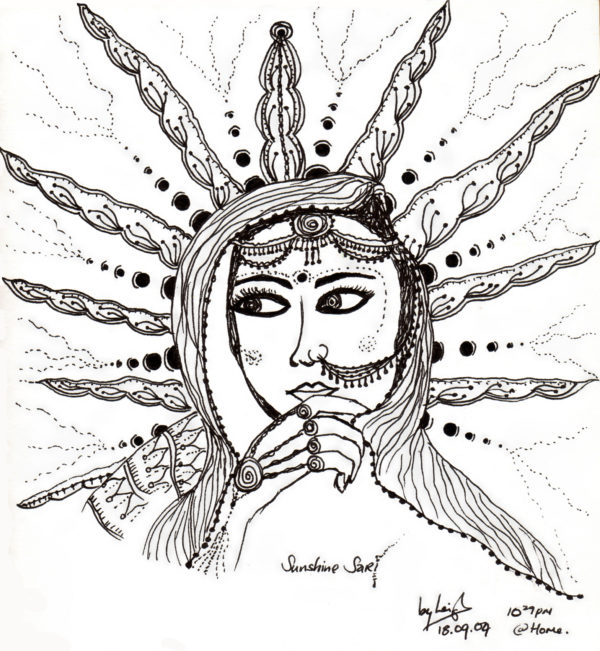 black and white line drawing of an indian bride in full jewellery with sari slung over her head while the sun shines in stylized lines behind her