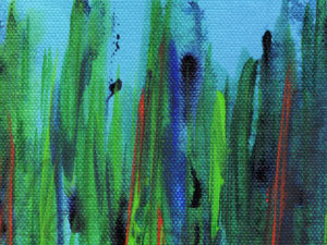 abstract that looks like blades of grass shooting up from the bottom of the image in greens and blues with accents of orange every now and then