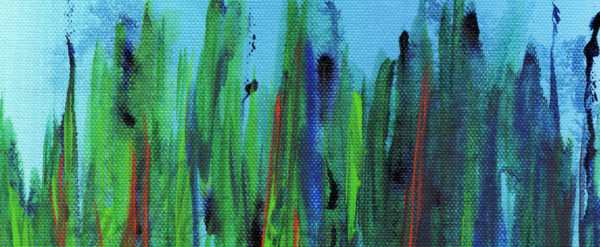 abstract that looks like blades of grass shooting up from the bottom of the image in greens and blues with accents of orange every now and then