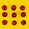 9 red dots with little squiggles scratched into them revealing the yellow textured background behind them