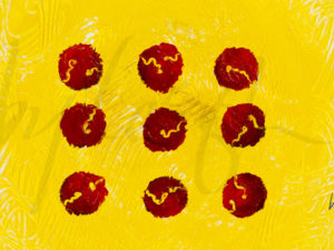 9 red dots with little squiggles scratched into them revealing the yellow textured background behind them
