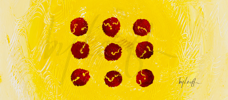 9 red dots with little squiggles scratched into them revealing the yellow textured background behind them