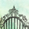 cropped image of the top of wrought iron fret work of an old 19th century gate that once stood outside the Royston Manor House on a gentle green background