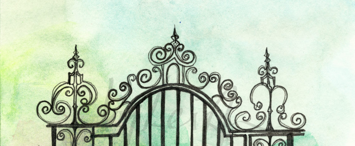 cropped image of the top of wrought iron fret work of an old 19th century gate that once stood outside the Royston Manor House on a gentle green background