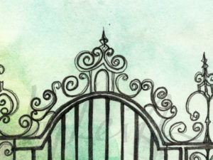 cropped image of the top of wrought iron fret work of an old 19th century gate that once stood outside the Royston Manor House on a gentle green background