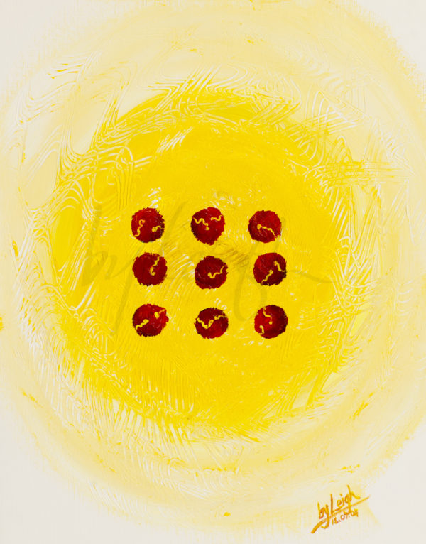 9 red dots with little squiggles scratched into them revealing the yellow textured background behind them