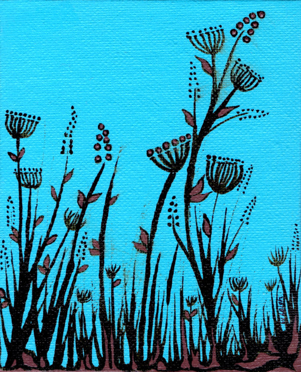 silhouette of tall grass stalks with brown accents against a bright blue background