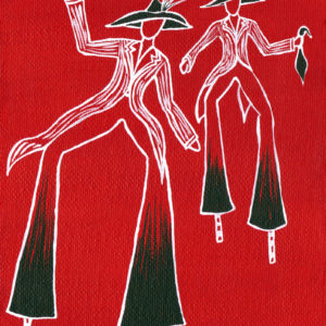 White line drawing of traditional Moko Jumbie mas costumes on a red background with black highlights - Trinidad & Tobago national colours