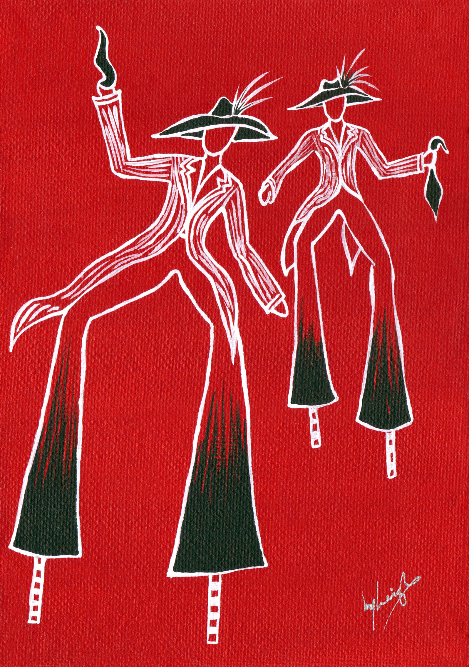 White line drawing of traditional Moko Jumbie mas costumes on a red background with black highlights - Trinidad & Tobago national colours
