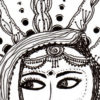black and white line drawing of an indian bride in full jewellery with sari slung over her head while the sun shines in stylized lines behind her