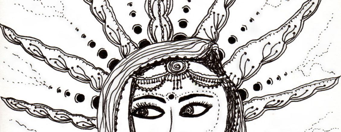 black and white line drawing of an indian bride in full jewellery with sari slung over her head while the sun shines in stylized lines behind her