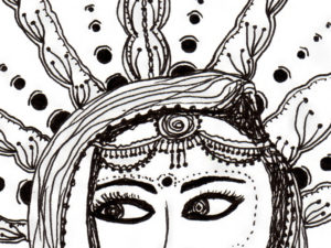 black and white line drawing of an indian bride in full jewellery with sari slung over her head while the sun shines in stylized lines behind her