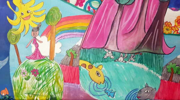 Close up of this Mixed media painting showing artwork from 20 children around the theme ‘Our Planet’. Shown here are close ups of the parts of the planet that are still beautiful i.e. rainbows, hillsides, greenery, wild animals at drinking holes.