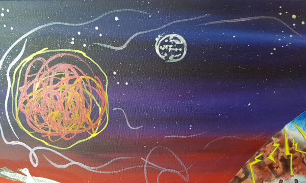 Close up of this Mixed media painting showing artwork from 20 children around the theme ‘Our Planet’. Shown here is a close up the youngest child’s art – an abstracted line drawing of the Earth in relation to the sun.