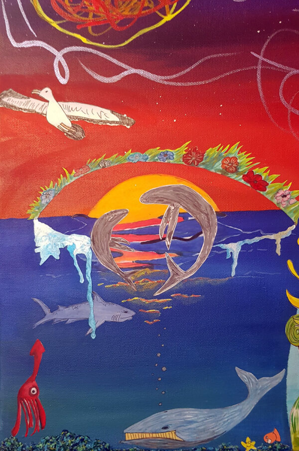 Close up of this Mixed media painting showing artwork from 20 children around the theme ‘Our Planet’. Shown here are close ups of sea creatures, a pelican flying into the red sky of sunset, and the sun as a teary eye.