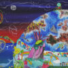 Mixed media painting combining 20 children’s interpretation of the “Our Planet” theme. Children’s contributions include: Earth personified and sad about pollution, rainbow communities and wildlife, whales sucking up water pollution, Minecraft countries, and Earth’s orbiting the sun.