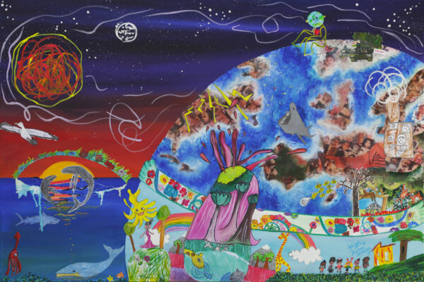 Mixed media painting combining 20 children’s interpretation of the “Our Planet” theme. Children’s contributions include: Earth personified and sad about pollution, rainbow communities and wildlife, whales sucking up water pollution, Minecraft countries, and Earth’s orbiting the sun.