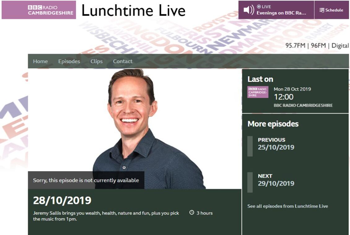 Screenshot of BBC Radio Cambridgeshire's page for Jeremy's Sallis' Lunch time Live show