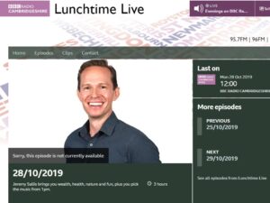 Screenshot of BBC Radio Cambridgeshire's page for Jeremy's Sallis' Lunch time Live show