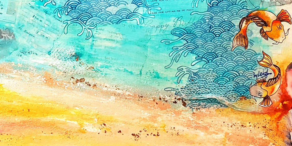 water and waves drawn in a Japanese style with a fish off to the right and lots of textured elements to the bttom of the painting representing waves washing up on a pebbly beige textured shore that sparkles with hints of gold leaf