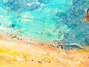 water and waves drawn in a Japanese style with a fish off to the right and lots of textured elements to the bttom of the painting representing waves washing up on a pebbly beige textured shore that sparkles with hints of gold leaf