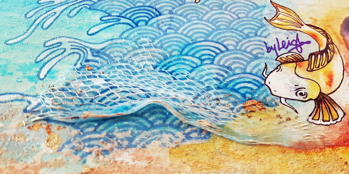 water and waves drawn in a Japanese style with a fish off to the right and lots of textured elements to the bttom of the painting representing waves washing up on a pebbly beige textured shore that sparkles with hints of gold leaf