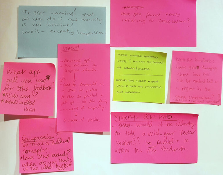 various post-it notes with excellent suggestions, ideas and queries that can help me develop my idea better.