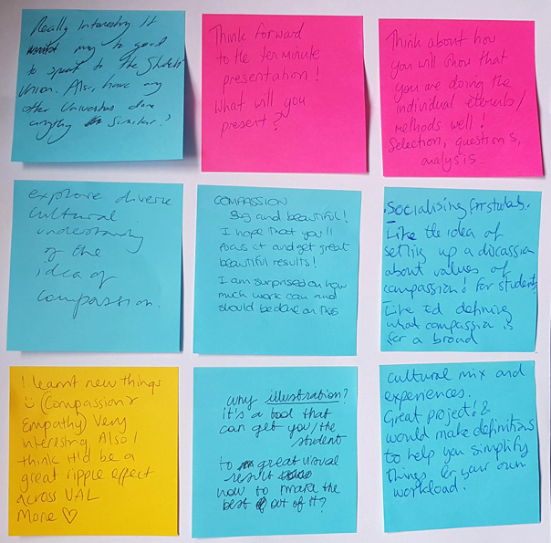 9 Post-its with feedback from colleagues and tutor about what I intend to do for my SIP project