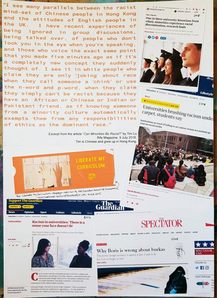 Collage of newspaper articles and articles that highlight discrimination against minorities in higher education.