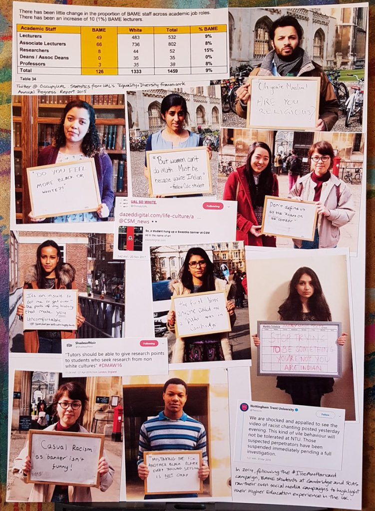 Collage of social media posts that highlight discrimination against BAME students in higher education. Many photos from the #ITooAmSOAS and #WeTooAreCambridge campaigns.